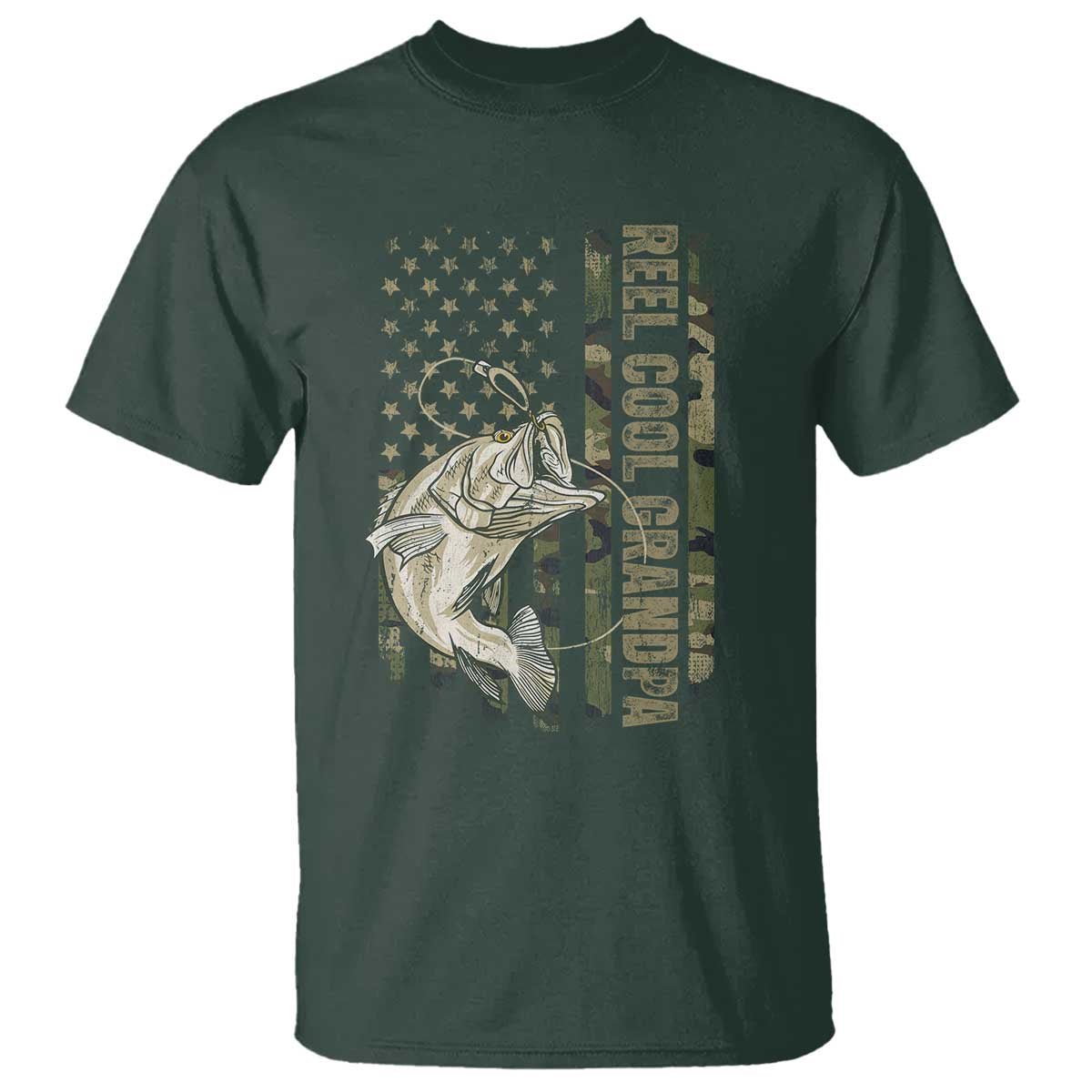 Funny Fishing Vintage Reel Cool Grandpa T Shirt Camo American Flag USA Bass Fish Fisherman TS10 Dark Forest Green Print Your Wear