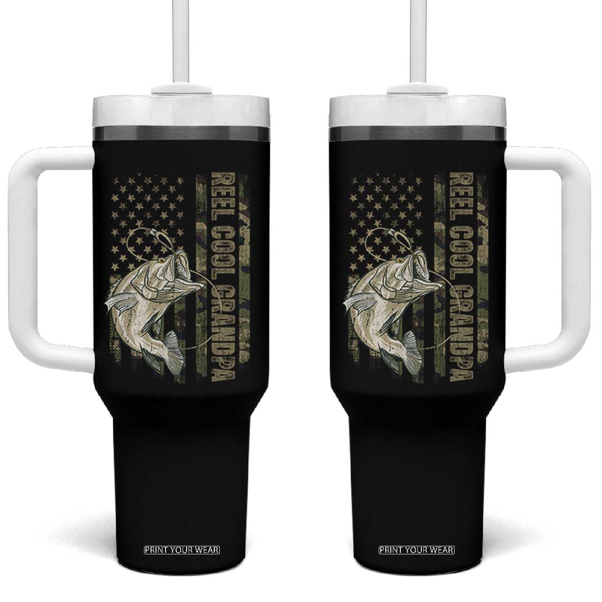 Funny Fishing Vintage Reel Cool Grandpa Tumbler With Handle Camo American Flag USA Bass Fish Fisherman TS10 One Size: 40 oz Black Print Your Wear