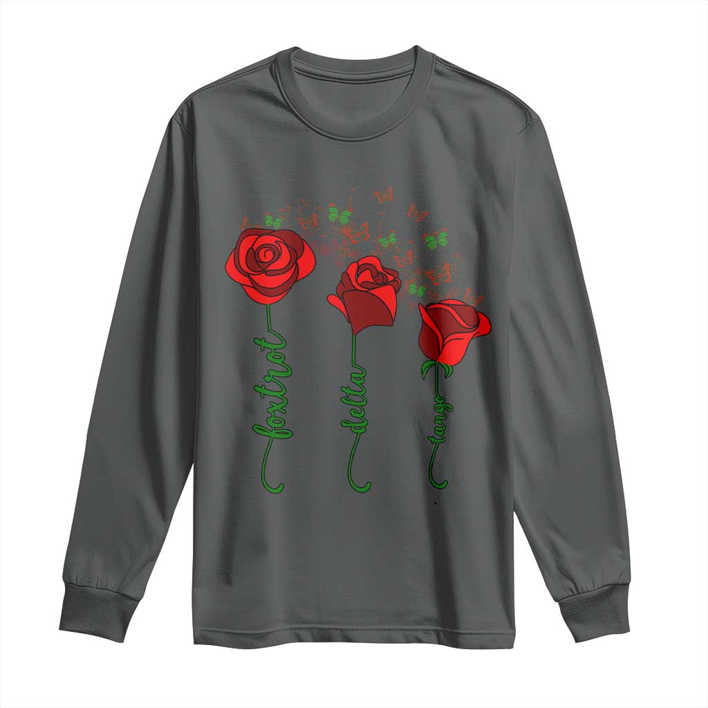 Funny Foxtrot Delta Tango Long Sleeve Shirt Vintage Rose Flowers Butterfly TS11 Dark Heather Print Your Wear