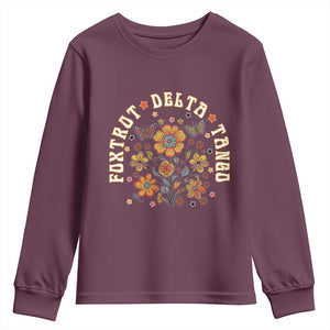 Funny Foxtrot Delta Tango Youth Sweatshirt Vintage Floral Retro Groovy TS11 Maroon Print Your Wear