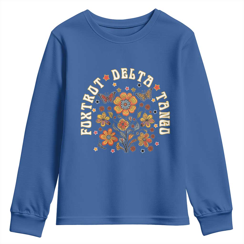 Funny Foxtrot Delta Tango Youth Sweatshirt Vintage Floral Retro Groovy TS11 Royal Blue Print Your Wear