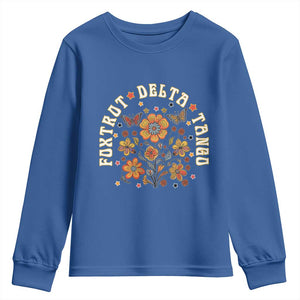 Funny Foxtrot Delta Tango Youth Sweatshirt Vintage Floral Retro Groovy TS11 Royal Blue Print Your Wear