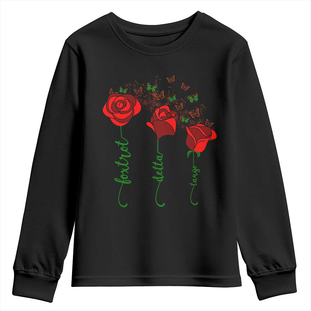 Funny Foxtrot Delta Tango Youth Sweatshirt Vintage Rose Flowers Butterfly TS11 Black Print Your Wear
