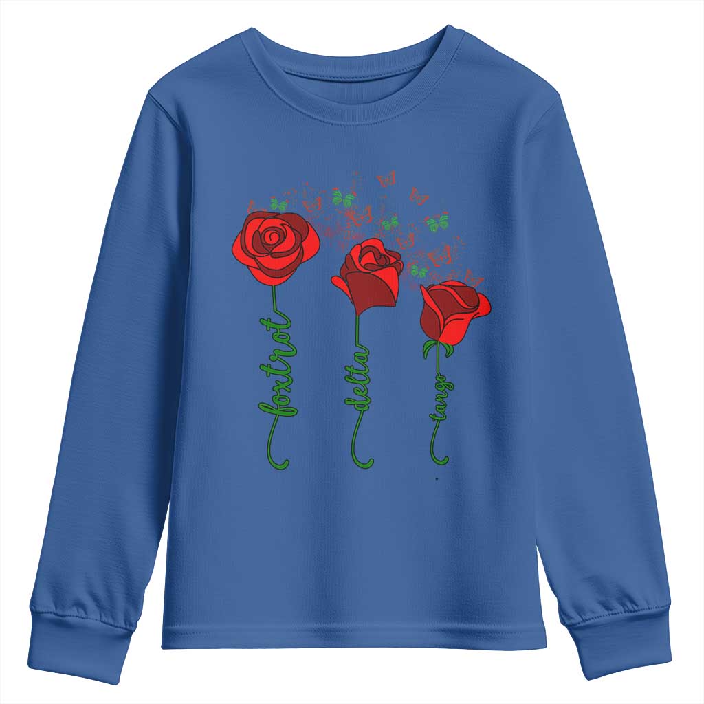 Funny Foxtrot Delta Tango Youth Sweatshirt Vintage Rose Flowers Butterfly TS11 Royal Blue Print Your Wear