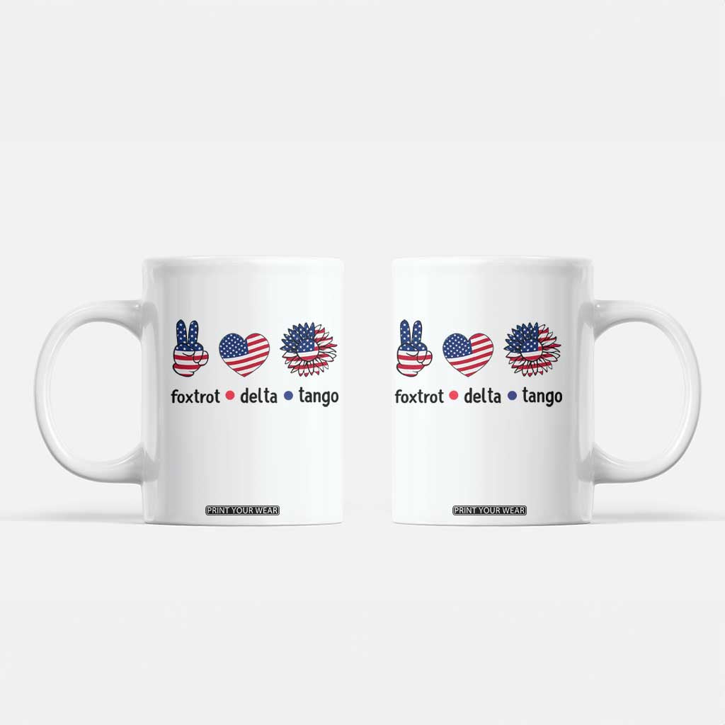 Funny Foxtrots Delta Tangos Coffee Mug American Flag Peace Sign Heart Sunflower TS02 White Print Your Wear
