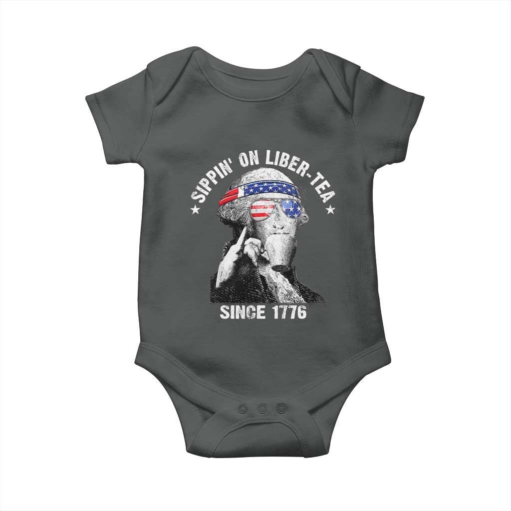 Funny George Washington Baby Onesie 4th Of July Sippin On Liber Tea Liberty American Flag 1776 TS10 Dark Heather Print Your Wear