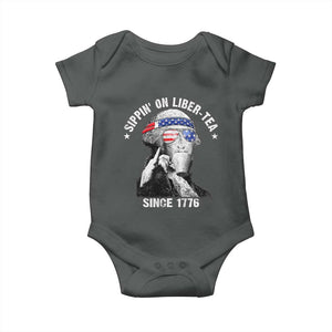 Funny George Washington Baby Onesie 4th Of July Sippin On Liber Tea Liberty American Flag 1776 TS10 Dark Heather Print Your Wear