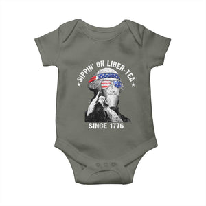Funny George Washington Baby Onesie 4th Of July Sippin On Liber Tea Liberty American Flag 1776 TS10 Military Green Print Your Wear