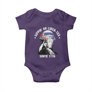 Funny George Washington Baby Onesie 4th Of July Sippin On Liber Tea Liberty American Flag 1776 TS10 Purple Print Your Wear