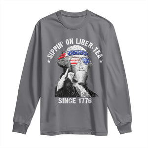 Funny George Washington Long Sleeve Shirt 4th Of July Sippin On Liber Tea Liberty American Flag 1776 TS10 Charcoal Print Your Wear