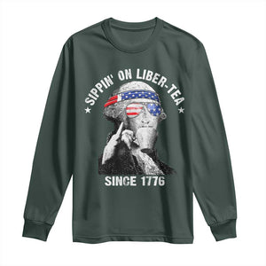 Funny George Washington Long Sleeve Shirt 4th Of July Sippin On Liber Tea Liberty American Flag 1776 TS10 Dark Forest Green Print Your Wear
