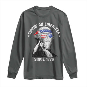 Funny George Washington Long Sleeve Shirt 4th Of July Sippin On Liber Tea Liberty American Flag 1776 TS10 Dark Heather Print Your Wear
