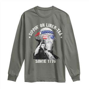 Funny George Washington Long Sleeve Shirt 4th Of July Sippin On Liber Tea Liberty American Flag 1776 TS10 Military Green Print Your Wear