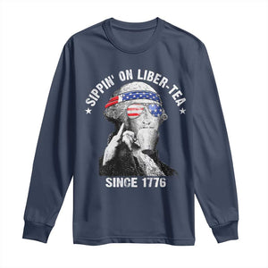 Funny George Washington Long Sleeve Shirt 4th Of July Sippin On Liber Tea Liberty American Flag 1776 TS10 Navy Print Your Wear