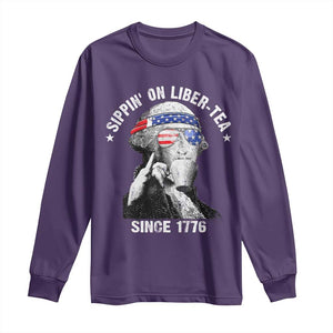 Funny George Washington Long Sleeve Shirt 4th Of July Sippin On Liber Tea Liberty American Flag 1776 TS10 Purple Print Your Wear
