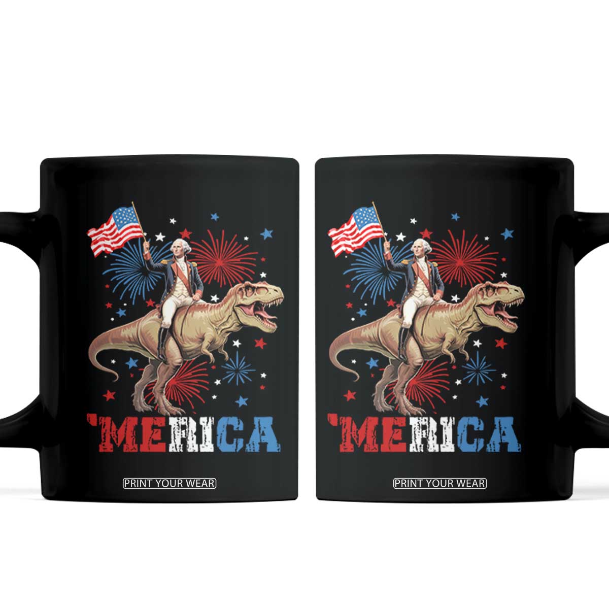 Funny George Washington Riding a Tyrannosaurus Rex 'Merica Coffee Mug American Flag TS11 Black Print Your Wear