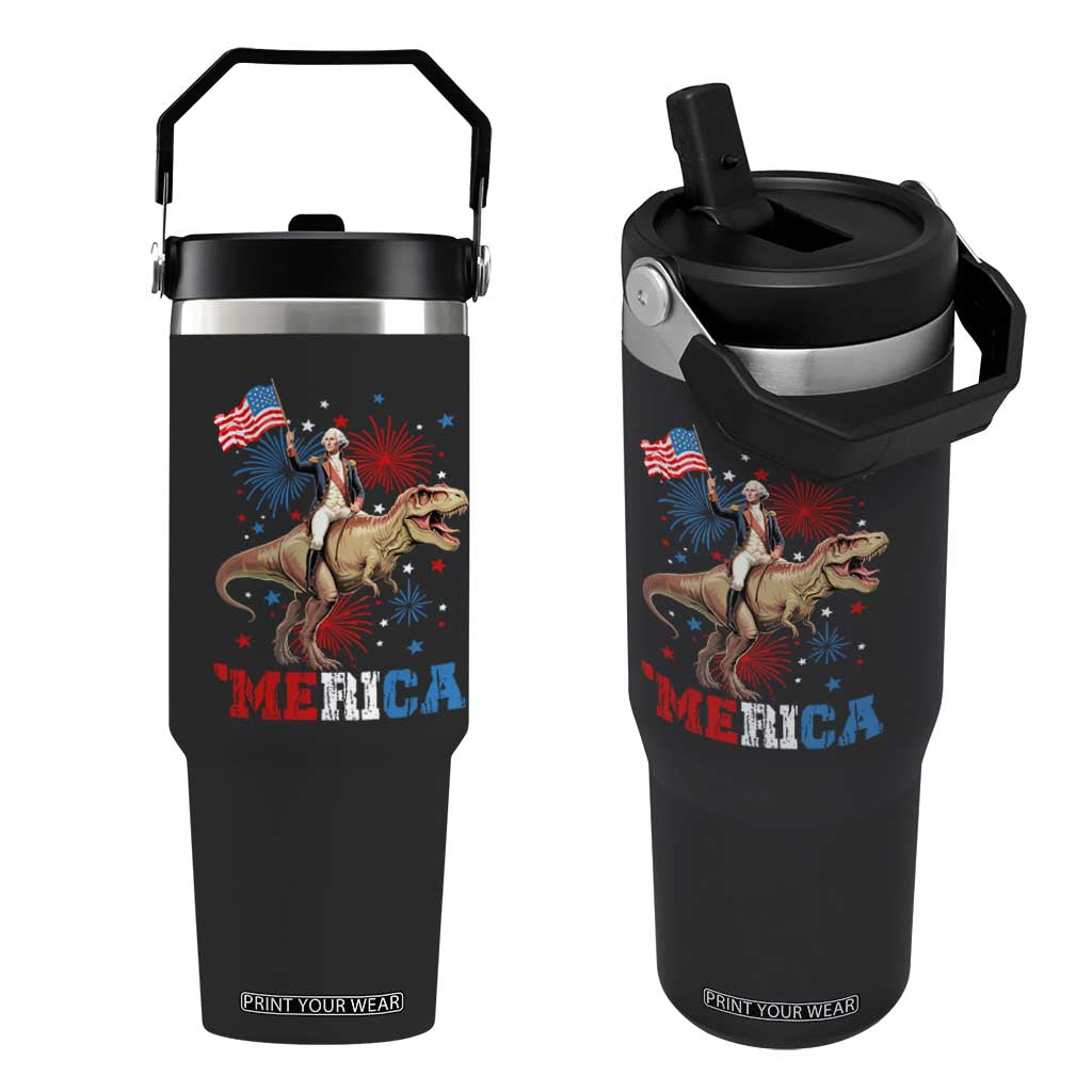 Funny George Washington Riding a Tyrannosaurus Rex 'Merica Flip Straw Tumbler American Flag TS11 One Size: 30 oz Black Print Your Wear