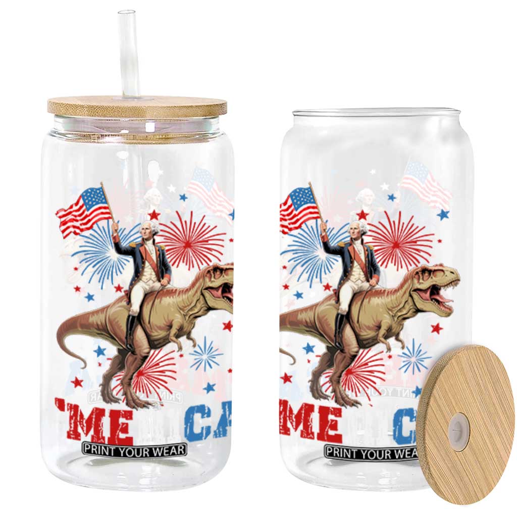 Funny George Washington Riding a Tyrannosaurus Rex 'Merica Glass Can American Flag TS11 Black Print Your Wear