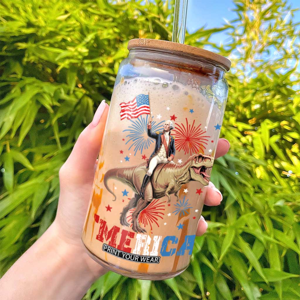 Funny George Washington Riding a Tyrannosaurus Rex 'Merica Glass Can American Flag TS11 Print Your Wear