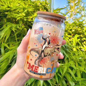 Funny George Washington Riding a Tyrannosaurus Rex 'Merica Glass Can American Flag TS11 Print Your Wear