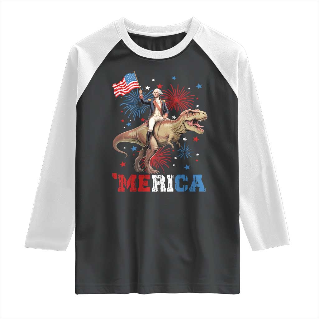 Funny George Washington Riding a Tyrannosaurus Rex 'Merica Raglan Shirt American Flag TS11 Black White Print Your Wear