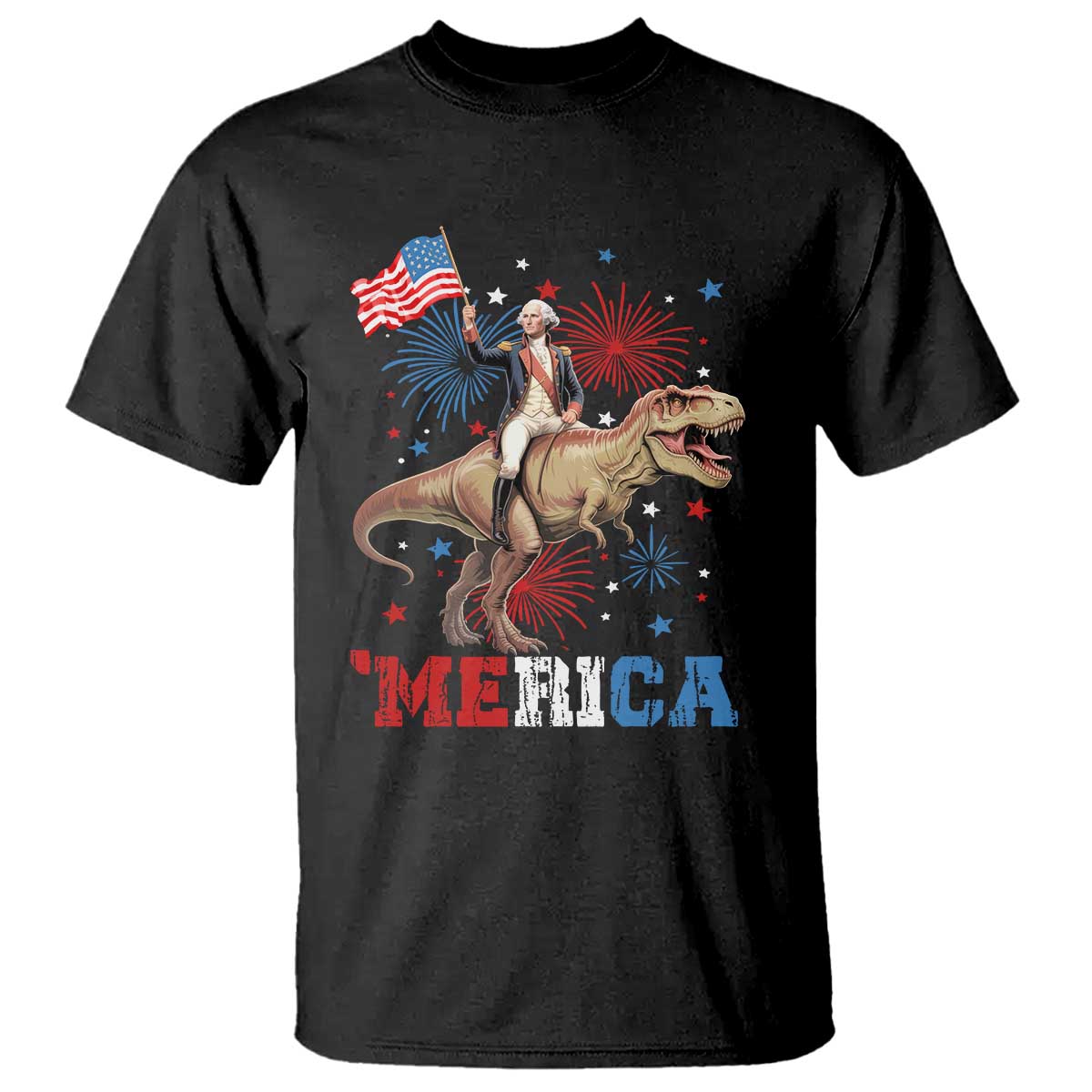 Funny George Washington Riding a Tyrannosaurus Rex 'Merica T Shirt American Flag TS11 Black Print Your Wear