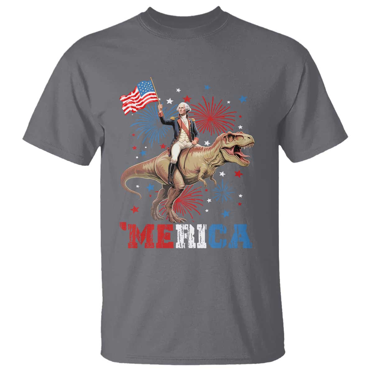 Funny George Washington Riding a Tyrannosaurus Rex 'Merica T Shirt American Flag TS11 Charcoal Print Your Wear