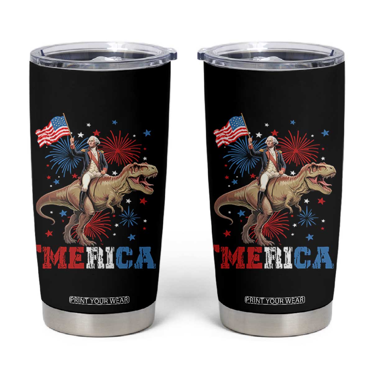 Funny George Washington Riding a Tyrannosaurus Rex 'Merica Tumbler Cup American Flag TS11 Black Print Your Wear
