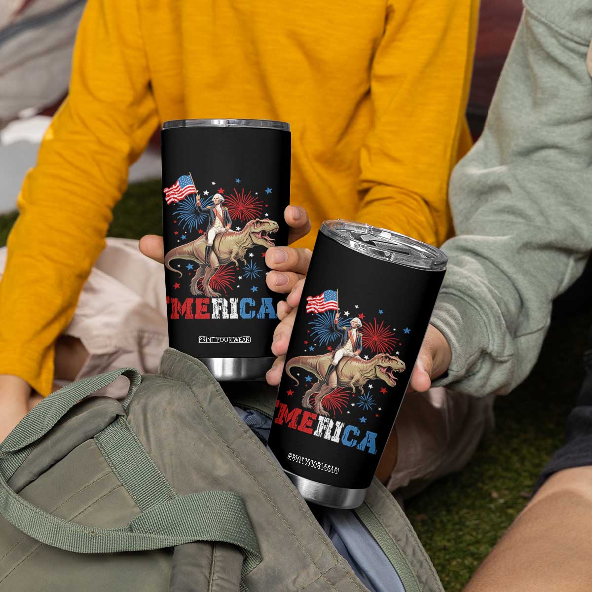 Funny George Washington Riding a Tyrannosaurus Rex 'Merica Tumbler Cup American Flag TS11 Print Your Wear
