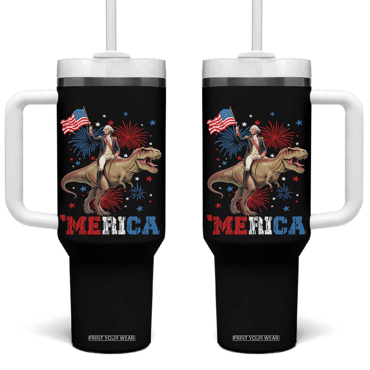 Funny George Washington Riding a Tyrannosaurus Rex 'Merica Tumbler With Handle American Flag TS11 One Size: 40 oz Black Print Your Wear