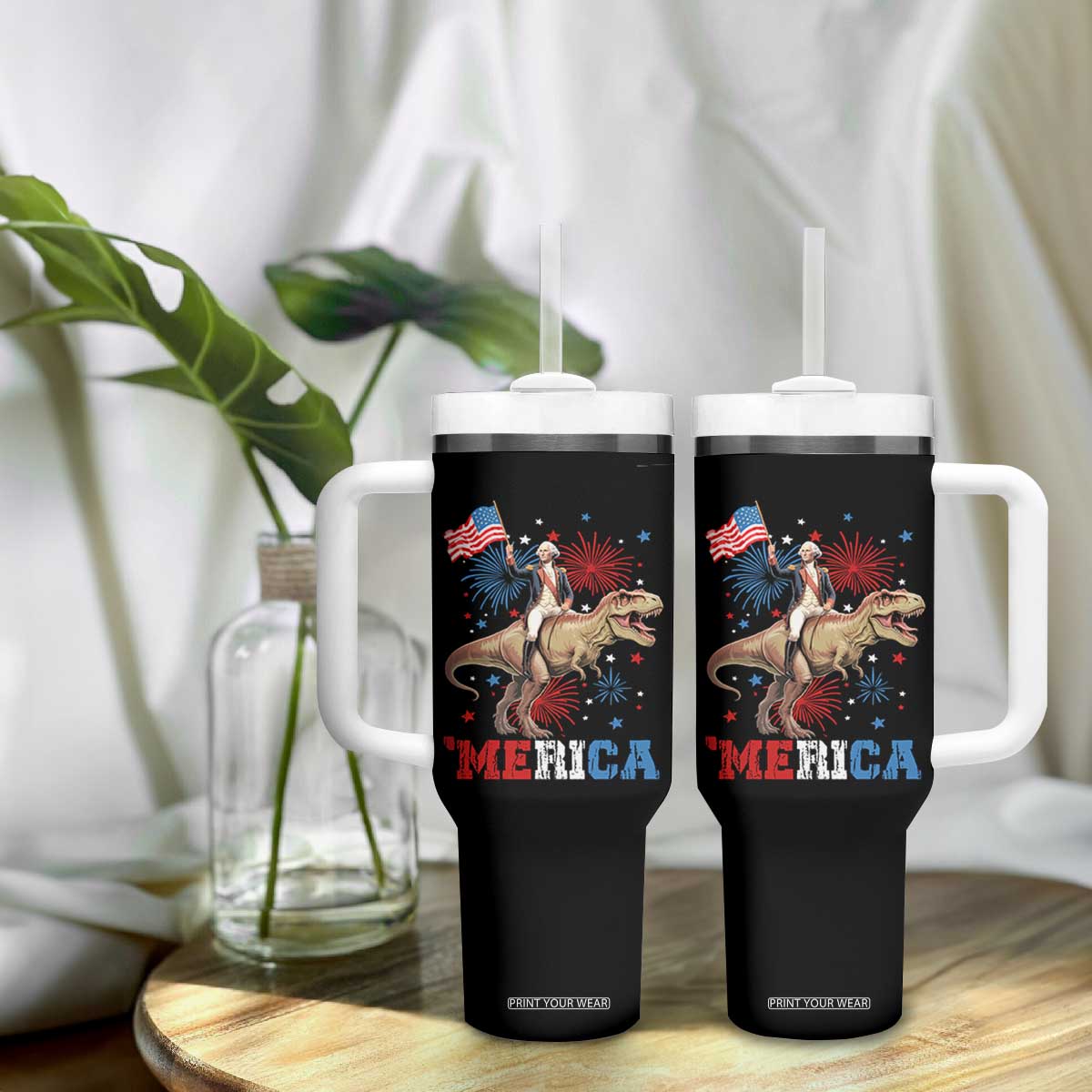 Funny George Washington Riding a Tyrannosaurus Rex 'Merica Tumbler With Handle American Flag TS11 Print Your Wear