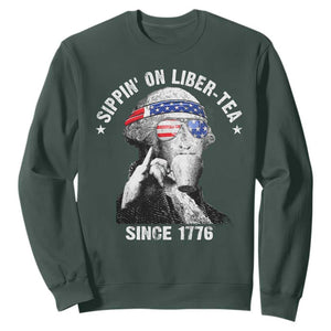 Funny George Washington Sweatshirt 4th Of July Sippin On Liber Tea Liberty American Flag 1776 TS10 Dark Forest Green Print Your Wear