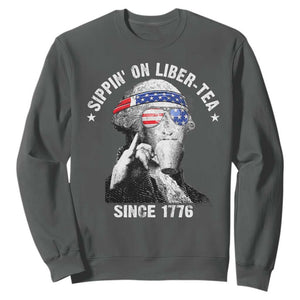 Funny George Washington Sweatshirt 4th Of July Sippin On Liber Tea Liberty American Flag 1776 TS10 Dark Heather Print Your Wear