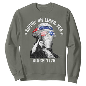 Funny George Washington Sweatshirt 4th Of July Sippin On Liber Tea Liberty American Flag 1776 TS10 Military Green Print Your Wear