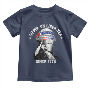 Funny George Washington Toddler T Shirt 4th Of July Sippin On Liber Tea Liberty American Flag 1776 TS10 Navy Print Your Wear
