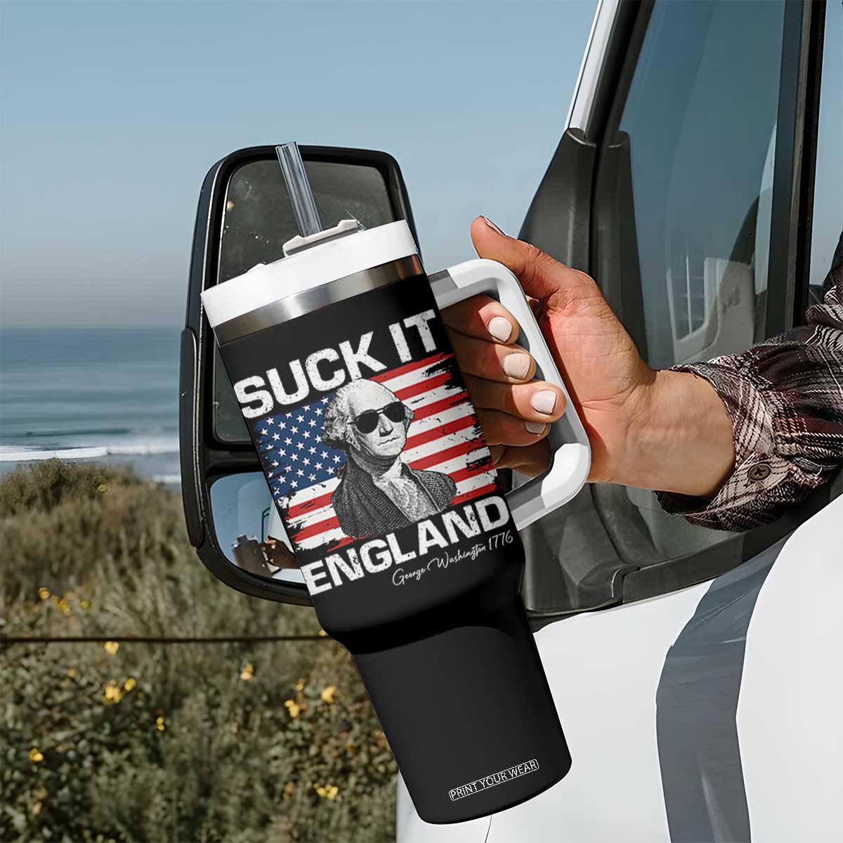 Funny George Washington Tumbler With Handle Suck It England Bold Patriotic 4th of July 1776 TS02 Print Your Wear