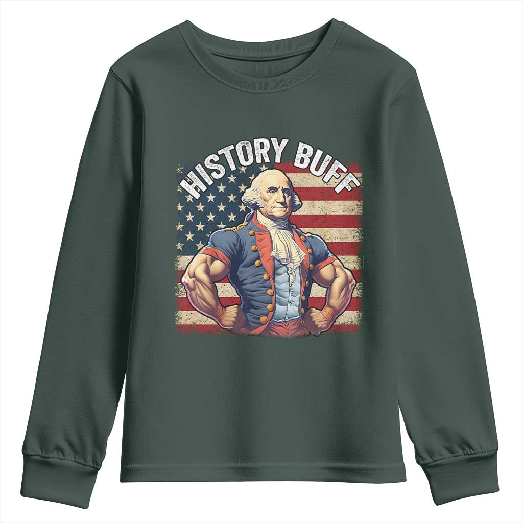 Funny George Washington Weightlifting History Buff Youth Sweatshirt 4th of July Patriotic TS11 Dark Forest Green Print Your Wear