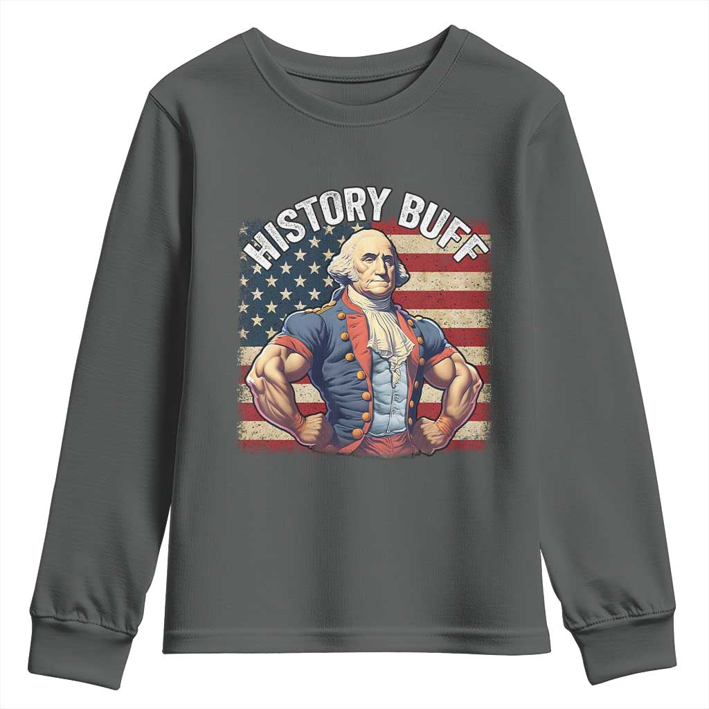 Funny George Washington Weightlifting History Buff Youth Sweatshirt 4th of July Patriotic TS11 Dark Heather Print Your Wear