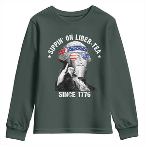 Funny George Washington Youth Sweatshirt 4th Of July Sippin On Liber Tea Liberty American Flag 1776 TS10 Dark Forest Green Print Your Wear