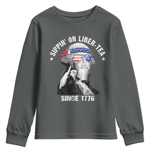 Funny George Washington Youth Sweatshirt 4th Of July Sippin On Liber Tea Liberty American Flag 1776 TS10 Dark Heather Print Your Wear