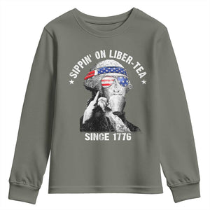 Funny George Washington Youth Sweatshirt 4th Of July Sippin On Liber Tea Liberty American Flag 1776 TS10 Military Green Print Your Wear