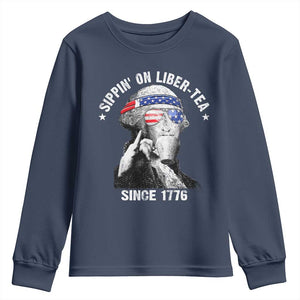 Funny George Washington Youth Sweatshirt 4th Of July Sippin On Liber Tea Liberty American Flag 1776 TS10 Navy Print Your Wear
