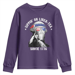 Funny George Washington Youth Sweatshirt 4th Of July Sippin On Liber Tea Liberty American Flag 1776 TS10 Purple Print Your Wear