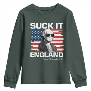 Funny George Washington Youth Sweatshirt Suck It England Bold Patriotic 4th of July 1776 TS02 Dark Forest Green Print Your Wear