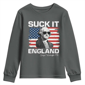 Funny George Washington Youth Sweatshirt Suck It England Bold Patriotic 4th of July 1776 TS02 Dark Heather Print Your Wear