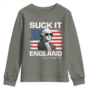 Funny George Washington Youth Sweatshirt Suck It England Bold Patriotic 4th of July 1776 TS02 Military Green Print Your Wear