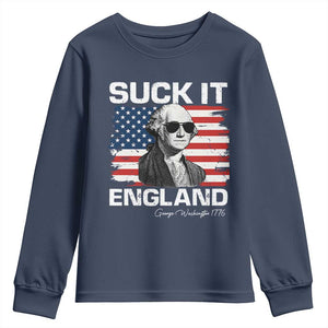 Funny George Washington Youth Sweatshirt Suck It England Bold Patriotic 4th of July 1776 TS02 Navy Print Your Wear