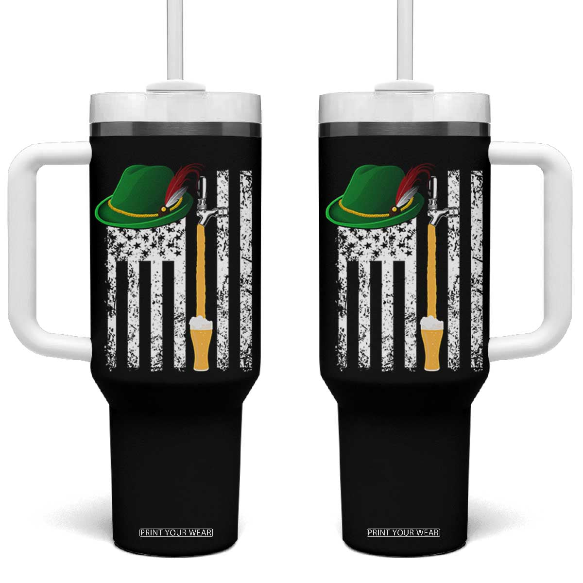 Funny German Beer Tumbler With Handle Oktoberfest Vintage American Flag Alpine hat TS11 One Size: 40 oz Black Print Your Wear