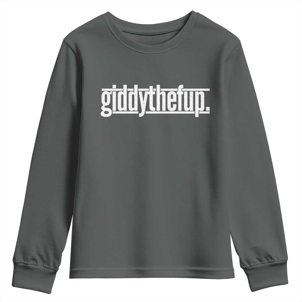 Funny Giddythefup Derby Day Youth Sweatshirt Derby Giddy Up Horse Racing TS11 Dark Heather Print Your Wear
