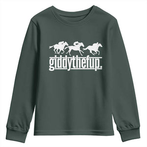 Funny Giddythefup Derby Day Youth Sweatshirt Vintage Giddy Up Horse Racing TS11 Dark Forest Green Print Your Wear